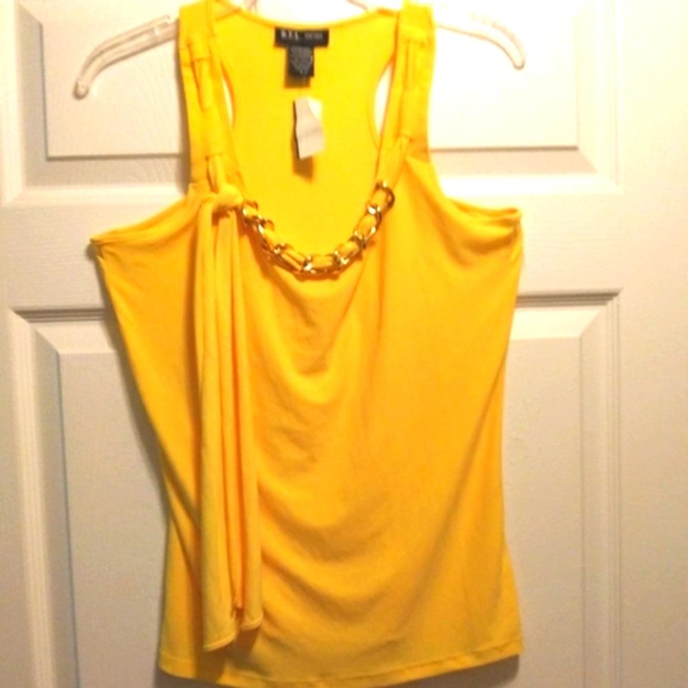Womens Yellow Stretch Knit Tank Top Goldtone Chain Accent Streamers Size Small